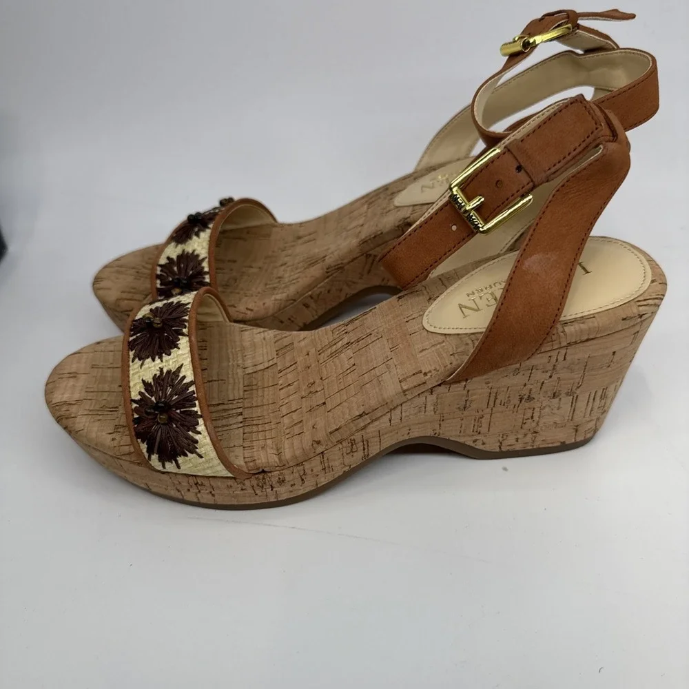 Women's LAUREN Ralph Lauren Odelia Ankle Strap Cork Wedge Sandals Shoes Size 6.5